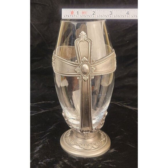 Vintage FTD Pewter and Glass Cross Urn Chalice Decorative Vase - Picture 9 of 16